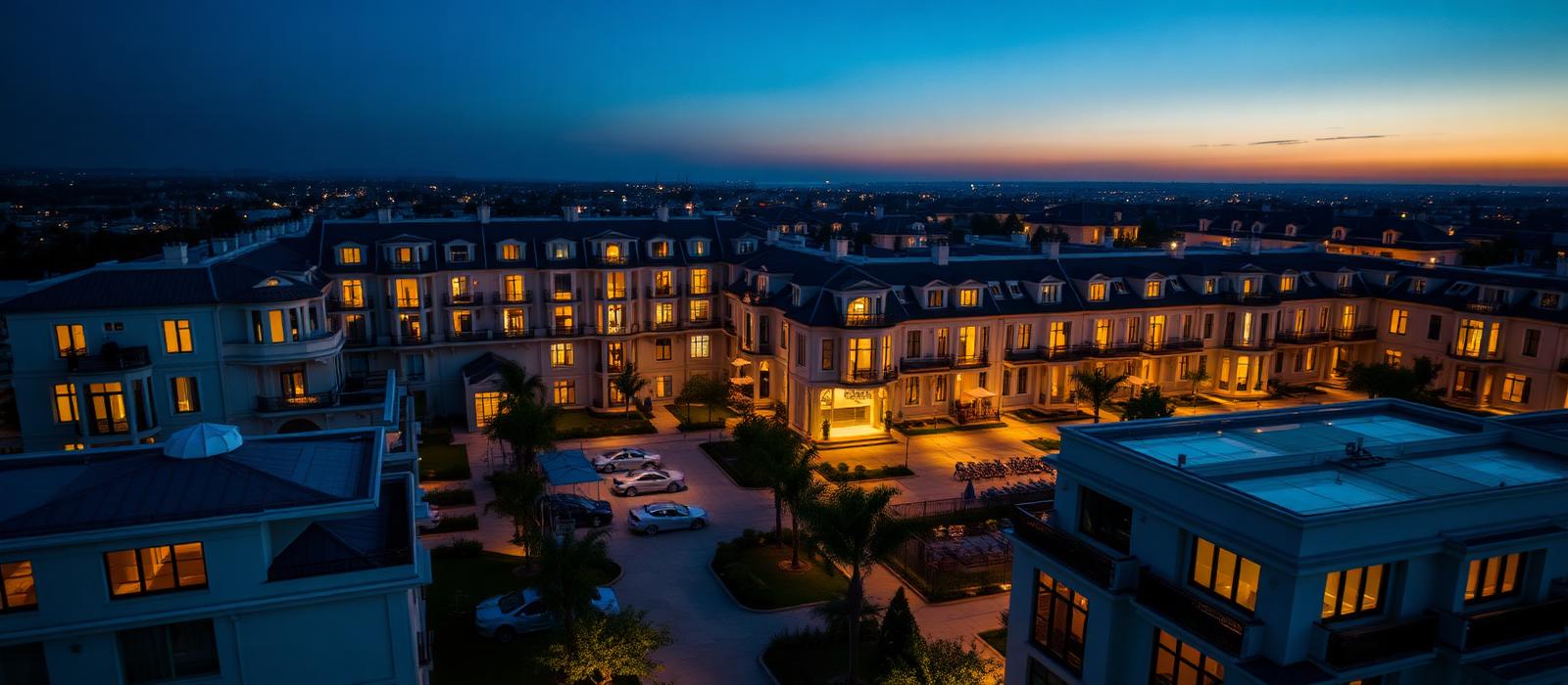 A planned community development at twilight